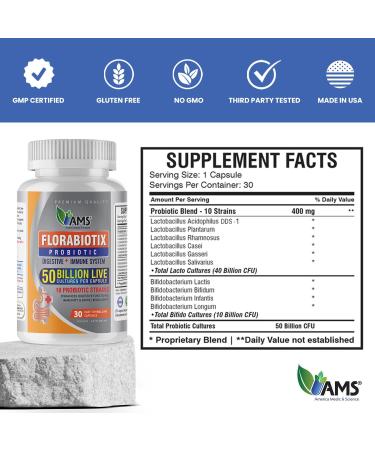America Medic & Science Florabiotix Probiotic (30 Capsules) | Dietary Supplement for Men and Women| 50 Billion Live Cultures | 10 Probiotic Strains | Supports Digestive and Immune Health 50 Count (Pack of 1) - Buy Online on GoSupps.com