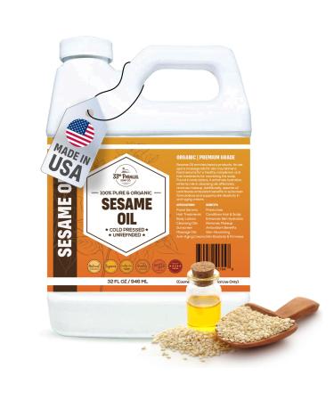 ORGANIC SESAME OIL (32 oz) Premium Cold Pressed Unrefined | 100% Pure Sesame Oil for Skin Face Hair Soap Making | Carrier for Essential Oils | Available in Bulk | 32 FL OZ