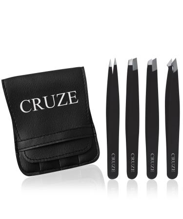 CRUZE Tweezers Set (4-Piece)   Precision Tweezers for Facial Hair Women and Men   Eyebrow Tweezers Slanted and Pointed Tip for Ingrown Hair.