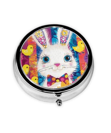 Easter Color Bunny Portable Metal Pill Box Round Mini 3-Compartment Plastic Insert hinged Fastening Design Suitable for Small Pills Must-Have for Travel