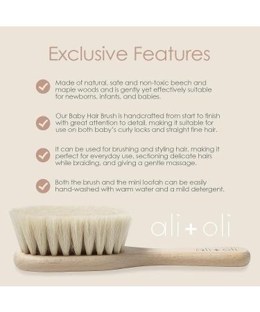 Ali+Oli Newborn Wooden Hair Brush Set with Mini Loofah | Soft Goat Bristle Infant Brush for Baby's Cradle Cap - Buy Online on GoSupps.com