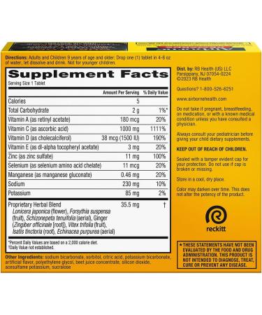 Airborne 1000mg Vitamin C with Vitamin D + Zinc Sugar Free Multivitamin Immune Support Effervescent Fizzy Drink Tablets Very Berry Flavor with Powerful Antioxidants VIT A C & E 30 Tablets (2 Pack) - Buy Online on GoSupps.com