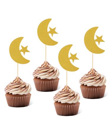 Bremorou 40Set Gold Glitter Moon And Star Cupcake Topper Eid Mubarak Decorations Moon And Stars Cake Topper Eid Mubarak Party Supplies For Birthday Wedding Ramadan Kareem Islamic Muslim Party Supplies