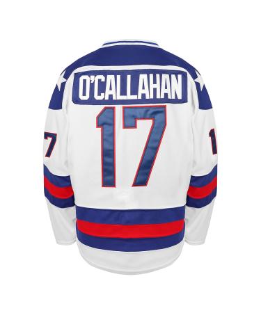 1980 USA Olympic Hockey #21 Mike Eruzione #17 Jack O'Callahan #30 Jim Craig Miracle On Ice Hockey Jersey White Blue - White - XX-Large