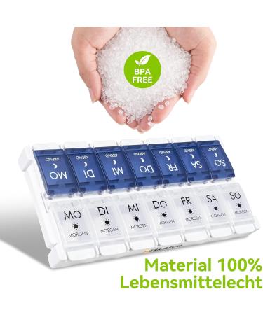 Mericargo 7-Day Pill Organizer - Dual Compartment Weekly Medication Box Removable for Morning & Evening Doses Blue & White - Buy Online on GoSupps.com