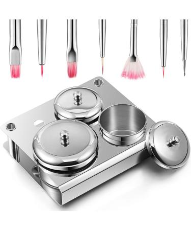 10 Pieces Acrylic Powder Holder  Includes 3 Pieces Stainless Steel Acrylic Liquid Cup Holder Nail Powder Container with Lid and 7 Pieces Nail Design Brushes Cosmetic Makeup Tools for DIY Nail Design