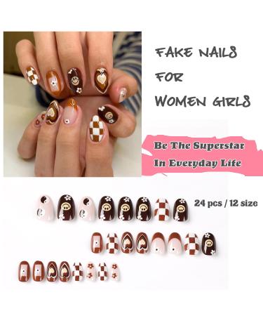 Spring Floral Almond Shape French Fake Nails Kit - 24 Pcs Glossy Full Cover Acrylic False Nails for Daily Wear - Buy Online on GoSupps.com