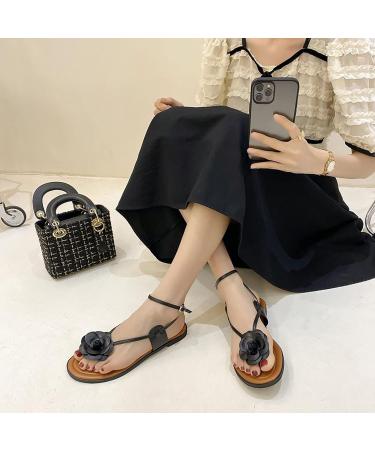 Elegant Black Flat Sandals for Summer - Non-Slip Soft Sandals with Artificial Flower | Size 38 EU - Buy Online on GoSupps.com
