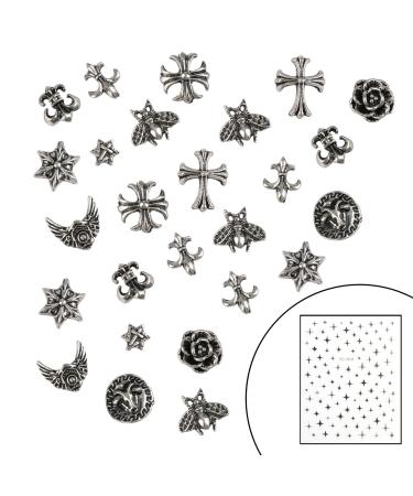 Cross Nail Art Charms 3D Cute Punk Metal Nail Decorations for Women & Girls - 50PCS Antique Silver DIY Manicure Accessories Retro Rose Studs Rivets Hearts Ornaments