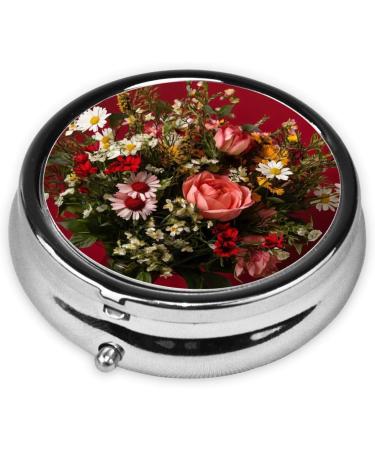 Roses and Daisies Portable Metal Pill Box - Round Mini 3-Compartment Case for Travel | Durable & Stylish Pill Organizer - Buy Online on GoSupps.com