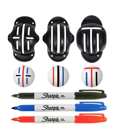 SAPLIZE High Precision Golf Ball Marker with 3 Sharpie Permanent Markers, Golf Ball Marking Stencils, Golf Ball Line Marker Tool, Golf Ball Alignment and Identification Tool KIT B (3 Markers + 3 Sharpie )