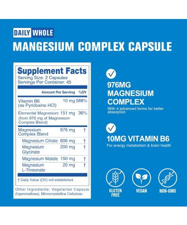 4-in-1 Magnesium Glycinate Complex 976mg of Magnesium Glycinate Citrate Malate L-Threonate & Vitamin B6 Supplement for Health | Third Party Tested Gluten Free Non-GMO - 90 Capsules - Buy Online on GoSupps.com