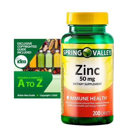 Zinc Caplets Dietary Supplement Immune Health Support Compatible with Spring Valley 50 mg 200 Ct Bundle with Exclusive Vitamins & Minerals A to Z - Better Idea Guide (2 Items) 1