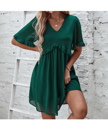 Thsue Women's Green Chiffon Lace Midi Dress - Formal Wedding Guest Short Sleeve Summer Dress - Buy Online on GoSupps.com