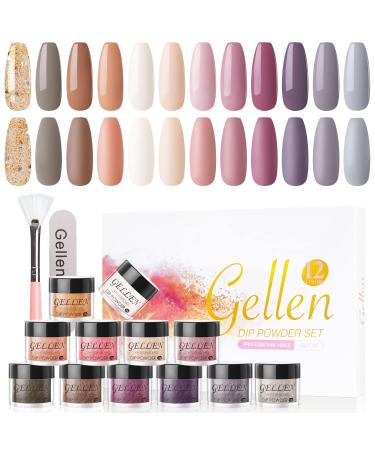 Gellen Dip Powder Nail Set, 12 Pcs Nude Grays Glitters Fall Winter Colors, Nail Dipping Powder Starter Kit, for French Nail Art Dip Manicure DIY Salon , No Lamp Needed Cured