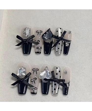Temperament manicure black French bow nail patch handmade fake nails wearing nail products.(XS) - Buy Online on GoSupps.com