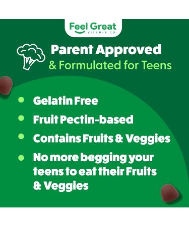Feel Great Super Green Gummies Teen Vitamins | Vegan Veggie Gummy Multivitamin for Teens | Fruit and Vegetable Supplement | Veggie Fiber Supplement | 60 Count Teen Greens - 60 Count - Buy Online on GoSupps.com