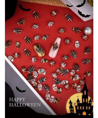 60 Pcs 3D Halloween Nail Art Charms with Skull Spider & Rhinestones - Vintage Skeleton Hand Alloy Nail Jewelry Decoration in Gold & Silver for DIY Nail Crafts - Pattern 1 - Buy Online on GoSupps.com