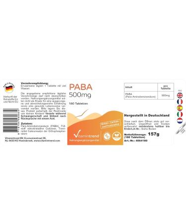 PABA 500mg - 180 Vegan Tablets | 6-Month Supply of Vitamin B10 - Para-Aminobenzoic Acid | Buy Now at Vitamintrend  - Buy Online on GoSupps.com