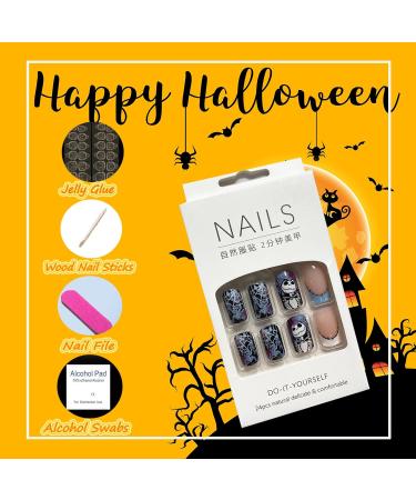 24Pcs Halloween Press on Nails | Short Square Acrylic Nails with Skulls Cobwebs & Glossy Finish - Perfect for Women & Girls - Buy Online on GoSupps.com