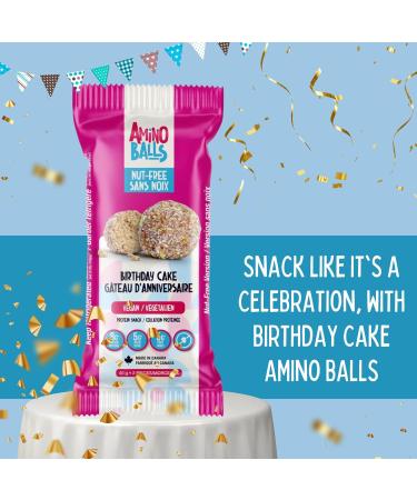 Amino Balls High Protein Balls Birthday cake | 12pcs (1 Box) | Nut Free Gluten Free Plant Based Vegan Protein Snacks | Perfect for On-the-Go Energy and Satisfying Cravings without the Guilt Birthday Cake 1 Box (12 each) - Buy Online on GoSupps.com