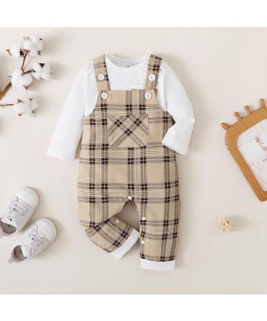 Puseky Baby Boy Long Sleeve Romper and Plaid Suspenders Overall Pants 0-3 Months White - Buy Online on GoSupps.com