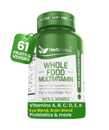 Herbtonics Whole Food Multivitamin for Men & Women Vegan Multivitamin with Real Fruits & Veggies Probiotics CoQ10 Turmeric & More 60 Capsules