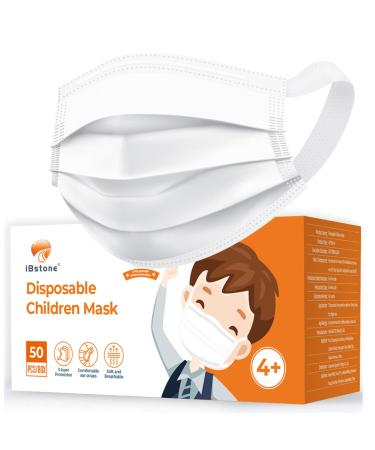 iBstone Disposable Face Mask, 3-Layer Breathable Earloop Masks with Nose Stripe, Latex Free, 50PCS Kids