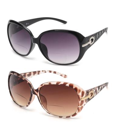 JM Classic Bifocal Reading Sunglasses for Women Vintage Reading Glasses Outdoor UV Protection Black + Tortoise 2.25 x