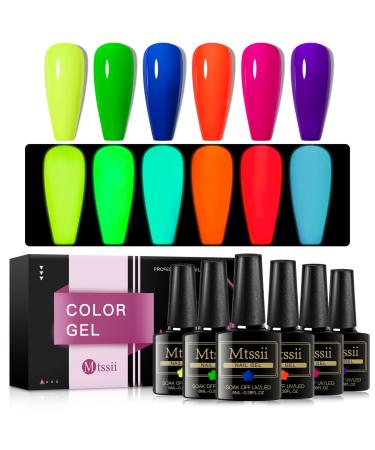 Glow in the Dark Gel Nail Polish, MTSSII 6 Colors Neon Luminous Gel Polish Set, Fluorescent Bright Colors Hot Pink Neon Yellow Green Blue Orange Purple Soak Off UV Nail Polish Kit for Halloween