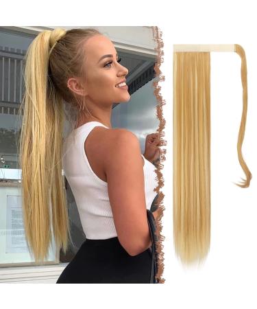 FESHFEN 24" Long Straight Wrap around Ponytail Extensions Synthetic Clip in Ponytail Hair Extensions Hairpiece for Women Strawberry Blonde & Bleach Blonde 130g 24 Inch (Pack of 1) Strawberry Blond & Bleach Blond-Wrap Around