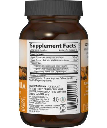 ORGANIC INDIA Turmeric Curcumin Herbal Supplement - Immune System Support Healthy Inflammatory Response Whole Root Supplement Organic Trikatu USDA Certified Organic Non-GMO - 90 Capsules 2 Pack - Buy Online on GoSupps.com