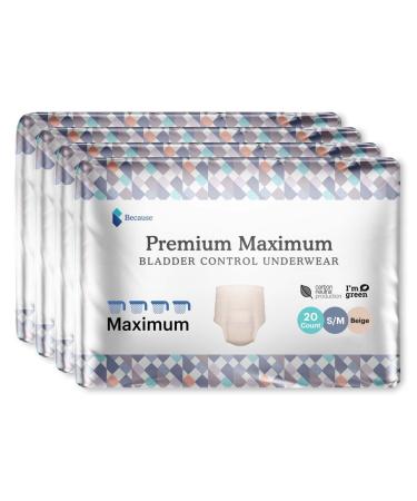 Because Premium Maximum Plus Pull Up Underwear for Women - Absorbent Bladder Protection with a Sleek, Invisible Fit - Beige, Small-Medium - Absorbs 4 Cups - 80 Count Small/Medium (Pack of 80)