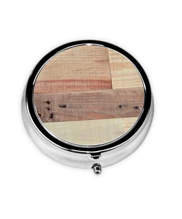 Rustic Wood Background Printed Round Pill Box Portable Mini Pill Case Metal Iron Plating Pill Organizer with 3 Compartment for Pocket Purse