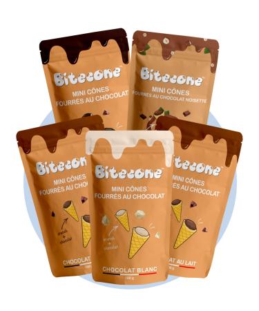 BITECONE - Milk Chocolate Black White | Discovery Pack | Ice Cream Cone Mini Filled Cones | Pack 5 Bags | 100% French Bran