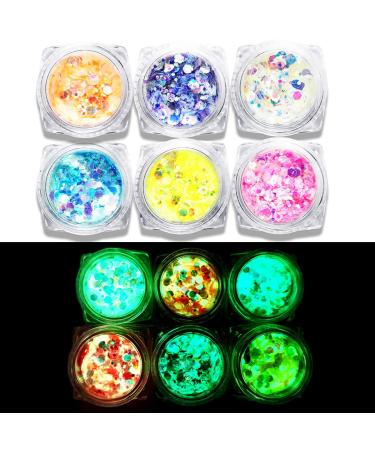 Glow in The Dark Glitter, JEMESI 6 Color Luminous Iridescent Chunky Glitter, Cosmetic Craft Glitter Set for Epoxy Resin, Body, Face, Nail, Slime, Craft and Festival Party Decoratio 6 Color Glow in The Dark Glitter