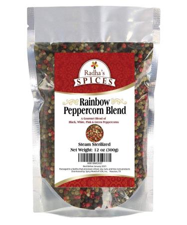 Radha's Four Peppercorn Rainbow Blend - Steam Sterilized - Black, White, Green & Pink Peppercorns - 12 Ounce Bag (1)