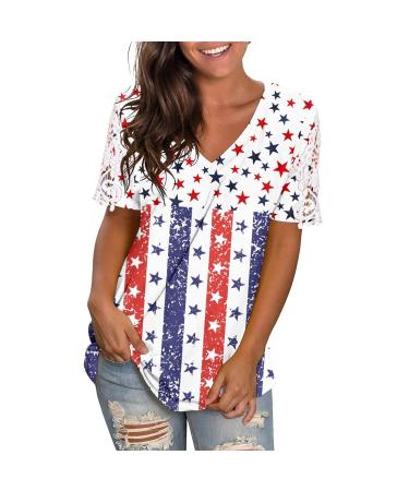 4th of July Women's T Shirts V Neck Short Sleeve Tunic Tops USA American Flag Patriotic T-Shirt Loose Fit Blouse Blue Medium