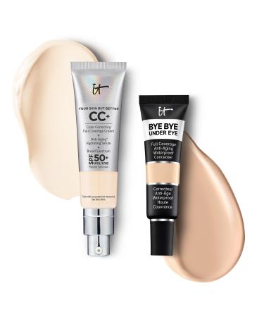 IT Cosmetics CC+ Cream with SPF 50+ Natural Finish Full Coverage Foundation (Fair - 1.08 fl oz) & Bye Bye Undereye Concealer Anti-Aging Makeup (11.0 Light Nude - 0.4 fl oz)
