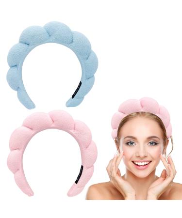 2Pack Spa Headband for Women Mimi and Co Spa Headband Makeup Headband Sponge & Terry Towel Cloth Fabric Hair Band for Washing Face Skincare Makeup Removal Hair Accessories Pink+Blue