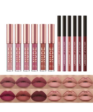 12 PCs set lip cosmetics 6 velvety mat liquid lipsticks and 6 lipsticks waterproof and long-lasting lipstick kit lip gloss and contour stift (12PCS) 12PCs Lip Glazes