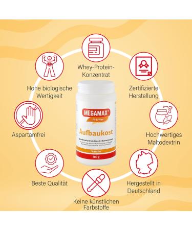 Buy Megamax Build-Up Food Vanilla - Low-Fat Protein Drink Powder for Strengthening & Weight Gain | 500g Made in Germany - Buy Online on GoSupps.com