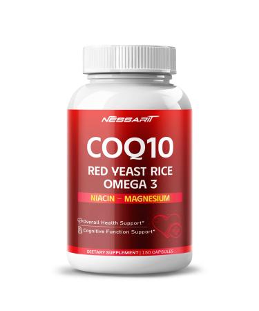 COQ10 + Red Yeast Rice Supplement - 10-in-1 Natural Blend with Omega 3 Vitamin B3 K2 D3 Zinc Milk Thistle Black Pepper - 150 Count 150 count (pack of 1)