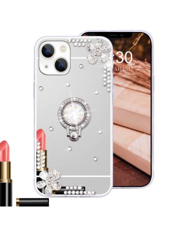 Omorro compatible with iPhone 13 mini make-up mirror case for women girls luxury bling glitter rhinestone with shiny crystal diamond ring stand holder finger grip cute girly case silver silver iphone 13 mini