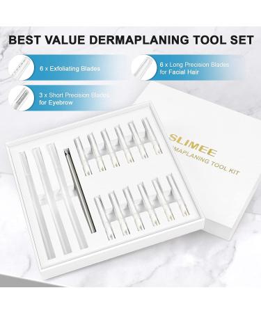 SLIMEE Dermaplaning Tool with 15 Blade Refills - Face & Eyebrow Razor Kit for Women - Exfoliating Microblades for Peach Fuzz & Facial Hair Removal - Buy Online on GoSupps.com