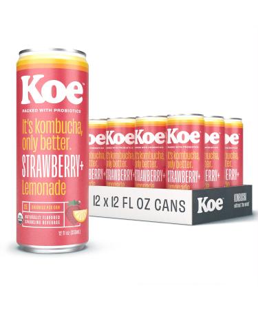 Koe Organic Kombucha Cans, Strawberry Lemonade | Sparkling Fruit Drinks With Live Probiotics and Vitamin C | NEW PACKAGING - 12 oz Pack of 12