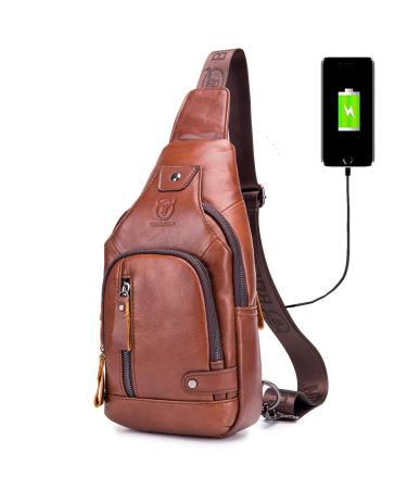 BULLCAPTAIN Genuine Leather Sling Backpack with USB Charging Port Multi-pocket Chest Bag Hiking Travel Daypack XB-129 Brown