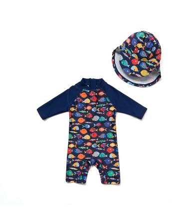 BONVERANO Baby Boys Swimsuit Toddler Bathing Suit Short-Sleeve Zipper One Piece Swimwear with UPF 50+ Sun Protection 3-6 Months Colorful Fish
