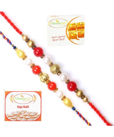 Ghasitaram Gifts Rakhi for Brother Rakhis Online - Set of 2 7615 7622 Pearl Rakhis with 200 GMS of Besan Barfi and 200 GMS of Kaju Katli