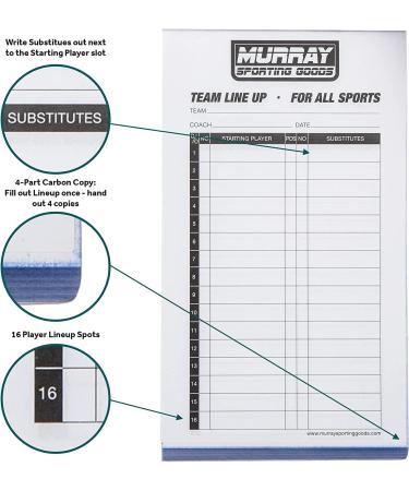 Murray Sporting Goods Baseball/Softball Lineup Cards - Set of 30 with 16 Player Roster Sheets - 4-Part Carbon Copies - Buy Online on GoSupps.com